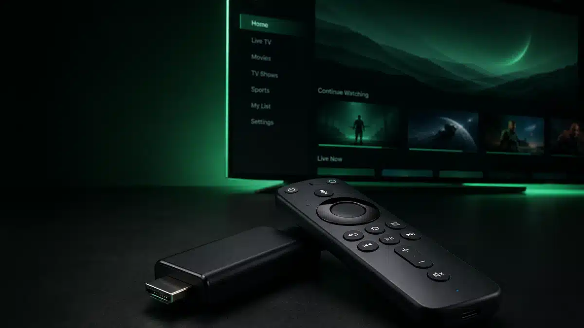 Firestick IPTV Ireland media app loading on a TV via streaming stick